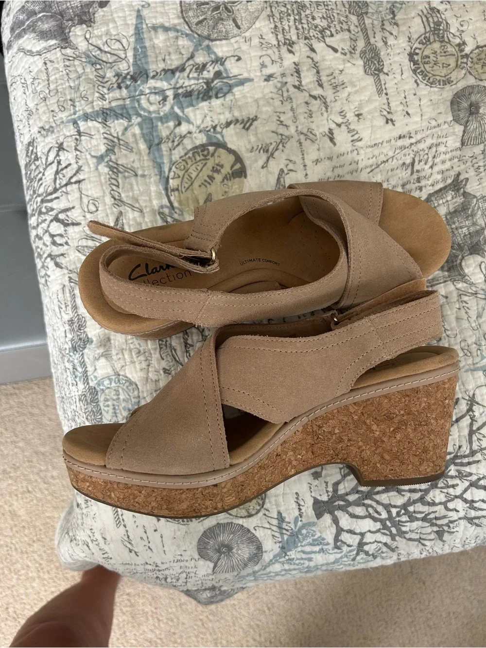 Clarks Taupe Suede Cork Wedge Slingback Sandals